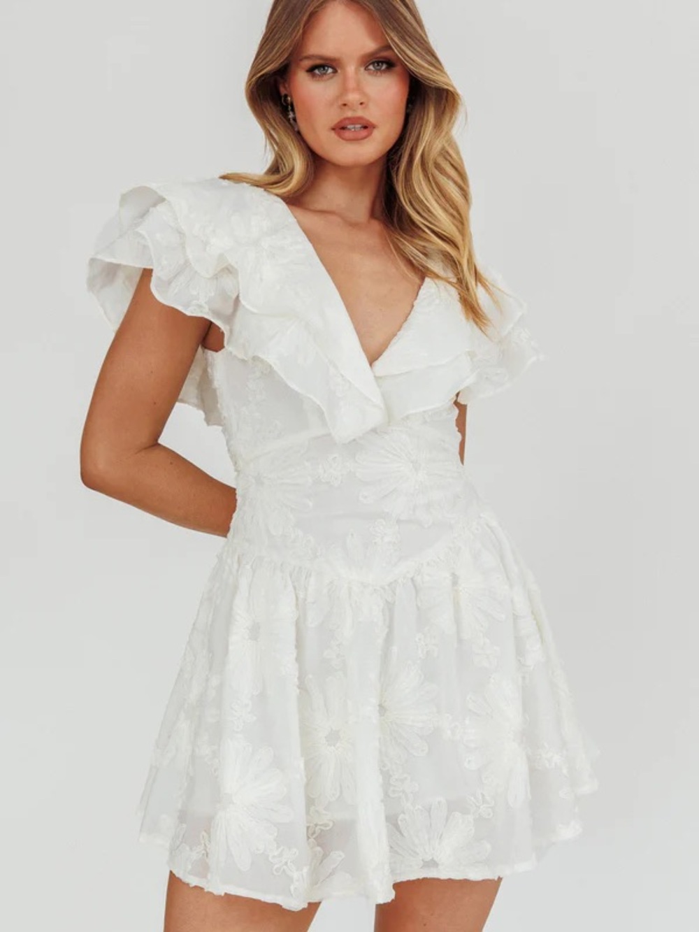 White Floral Ruffle Sleeve Tiered Tie Back V-Neck Mini Dress